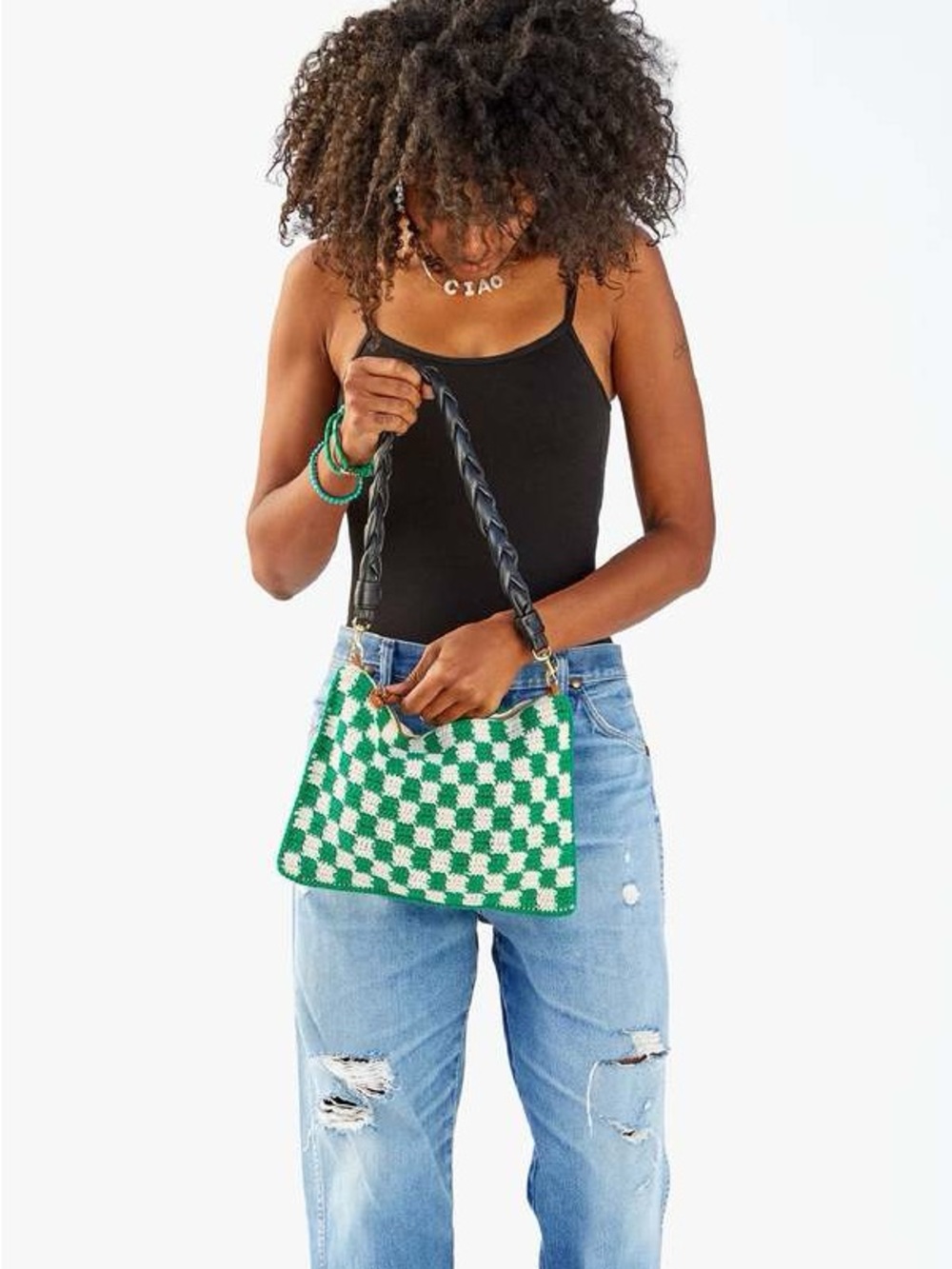 Clare V. Flat Clutch with Tabs in Sea Green & Cream Mini Crochet Checker